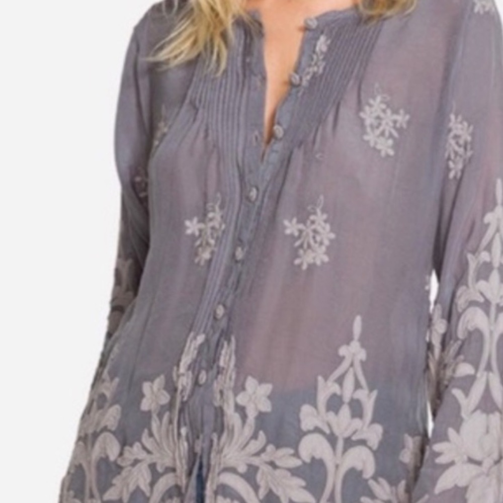 Johnny Was Gray and Cream Embroidered Top